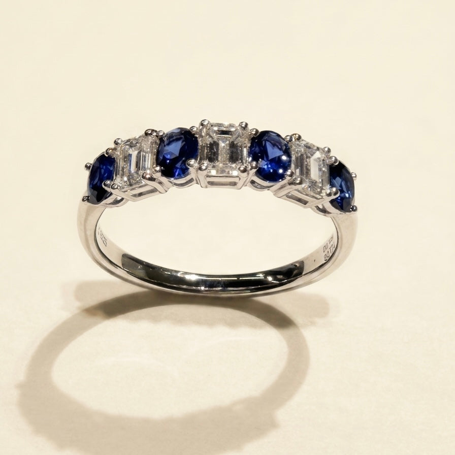 培育鑽石戒指 (祖母綠型0.745ct及Oval 藍寶0.77ct共8粒)Lab grown diamond 18k plated Ring