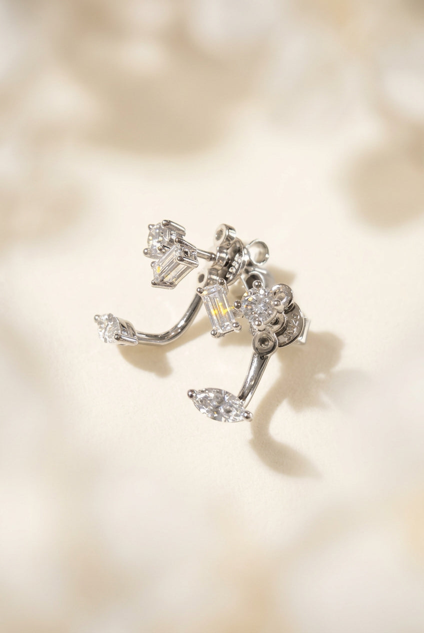 培育鑽石祖母綠形,馬眼型及圓形0.12ct+0.12ct 電鍍白耳環 lab grown diamond Marquise,Emerald & Round earrings