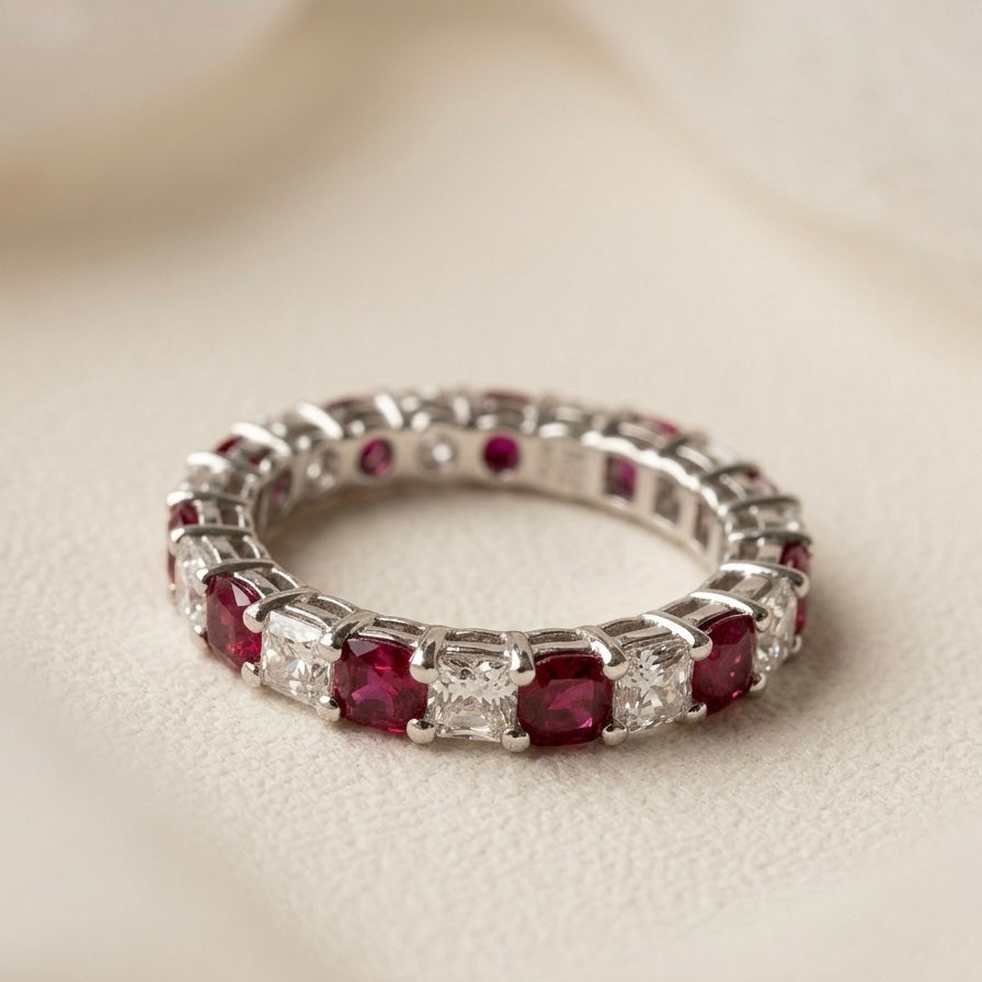 培育鑽石戒指 （Asscher & Round cut&1.51ct 及紅寶1.615ct共22粒圍一圈)Lab grown diamond 18k plated Ring