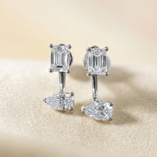 培育鑽石0.4ct祖母綠形配0.5ct梨形鉑金耳環 lab grown diamond Emerald & Pear Platinum earrings
