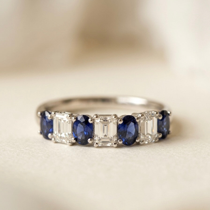 培育鑽石戒指 （祖母綠型0.745ct及Oval 藍寶0.77ct共8粒)Lab grown diamond 18k plated Ring